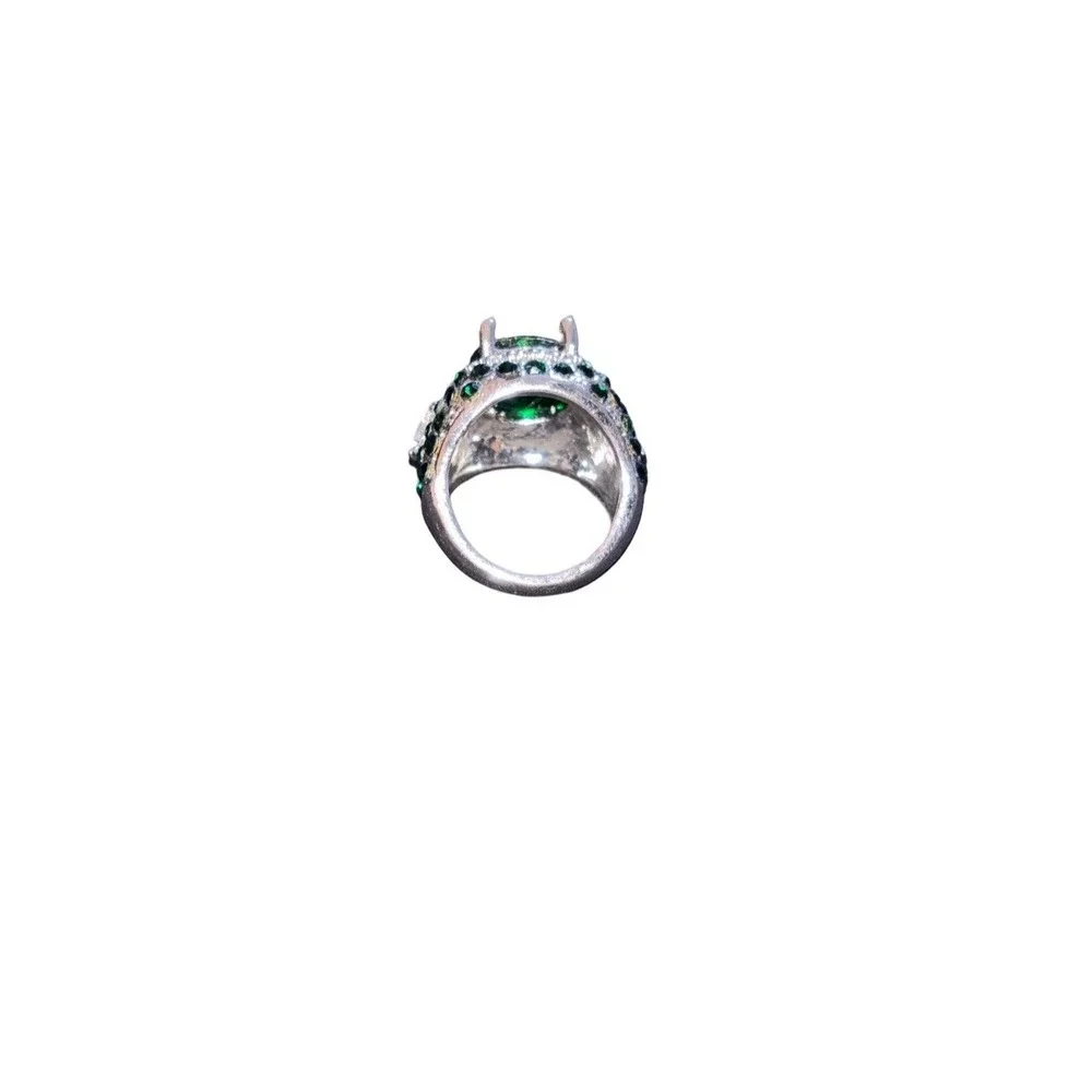 Emerald Green Crystal Cocktail Statement Ring Silver Tone Halo Pave Accent Stone